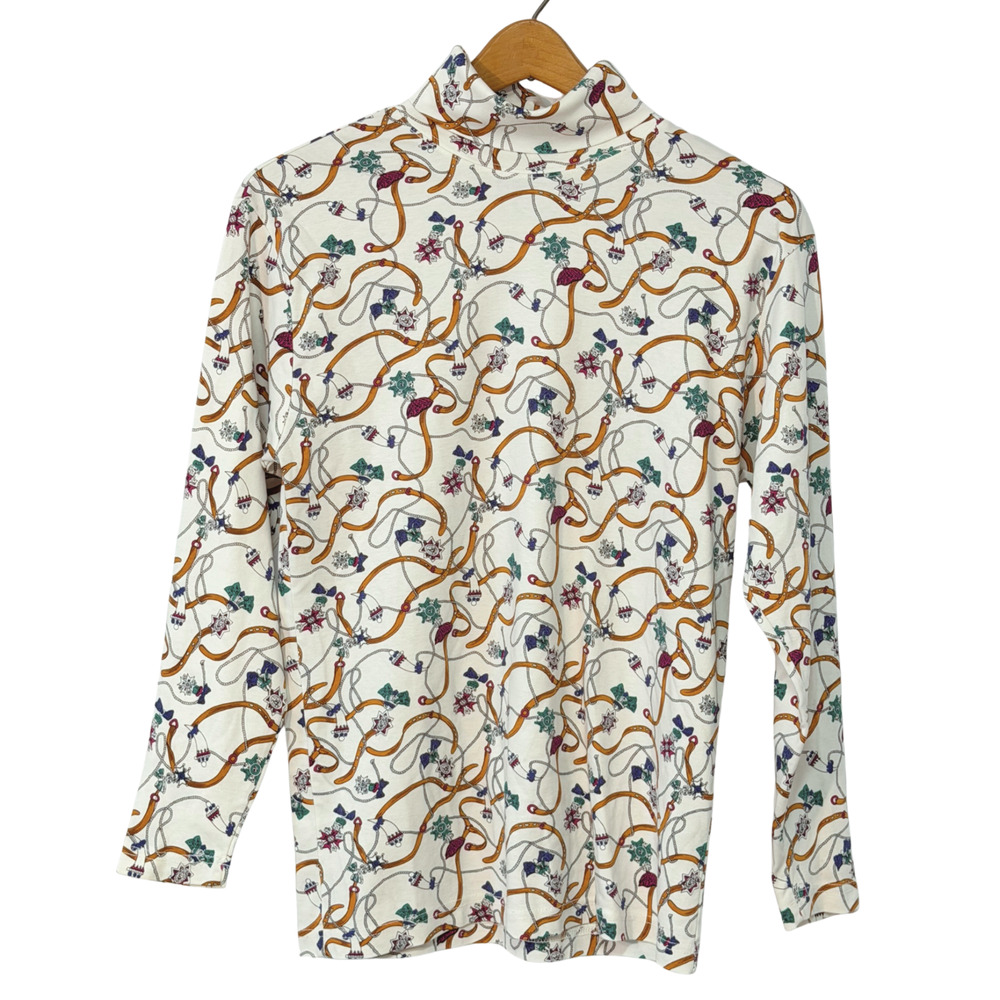 Vtg 90s Hunt Club Sz M Turtleneck Top Equestrian Print Cotton Knit Long Sleeve